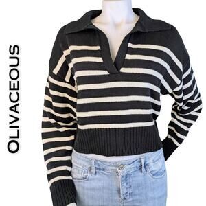 Olivaceous Ronald Black White Striped Deep V-Neck Collared Crop Sweater Medium